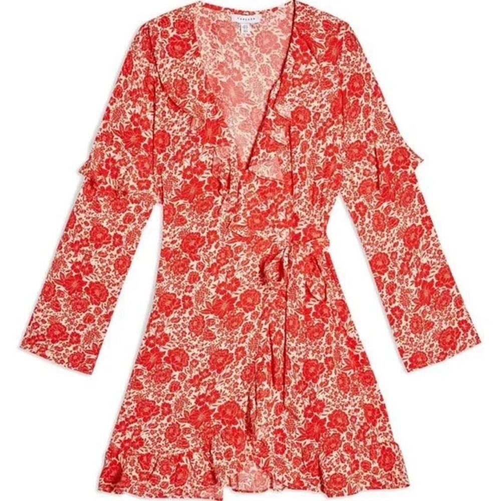 Topshop V-Neck Ruffled Floral Wrap Mini Dress Size 6 in Red Print NWT